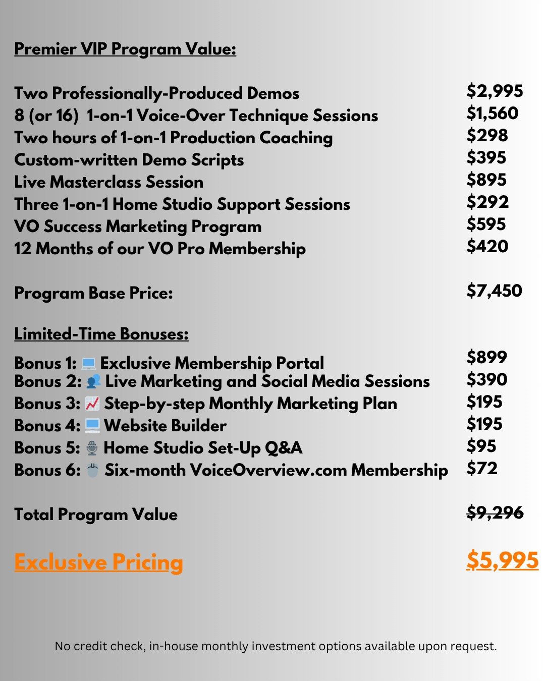 Premier VIP Program Value Two professionally-produced demos Limited-Time Bonuses Bonus 1 🖥️ Website Builder Bonus 2 📈 Step-by-step Monthly Marketing Plan Bonus 3 🎙️ Home Studio Set-Up Q&A Bonus (2) 3 Premier vip program value two professionally produced demos limited time bonuses bonus 1 🖥️ website builder bonus 2 📈 step by step monthly marketing plan bonus 3 🎙️ home studio set up q&a bonus (2) 3